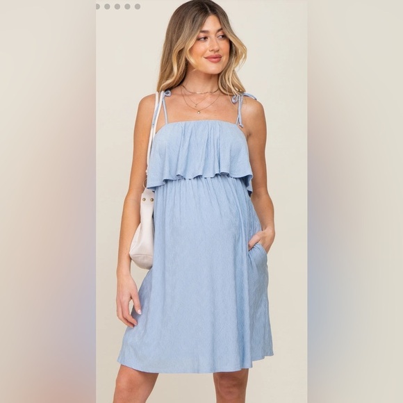 Dresses & Skirts - Maternity Light Blue Ruffle Overlay Shoulder Tie Dress